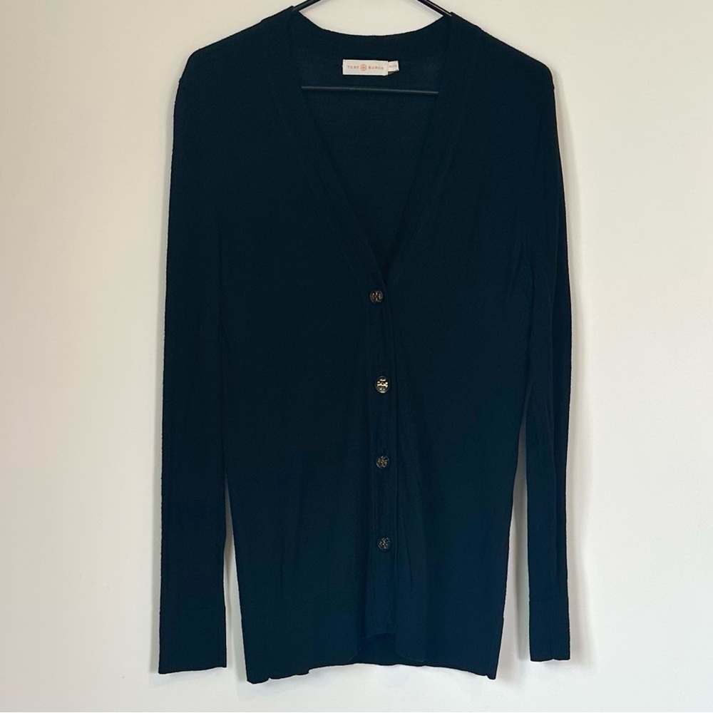 Tory Burch Black Merino Wool V-Neck Button-Front Cardigan - Size: Extra Large